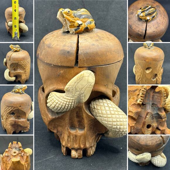 Old Hand Carved Wooden Skull Mini Humidor w Snake Japanese- App 4.5” Tall Read* - Picture 1 of 14